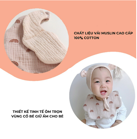 Yếm cổ tròn xoay 360 độ cho bé chất liệu muslin 100% cotton cao cấp