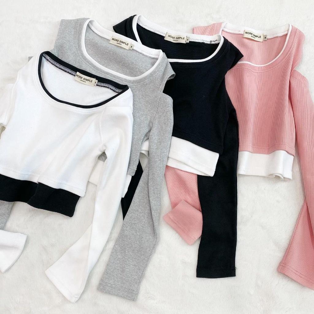 Áo Croptop Nữ Tay Dài DAILY Phối Layer Xẻ Vai Vải Thun Gân Ulzzang