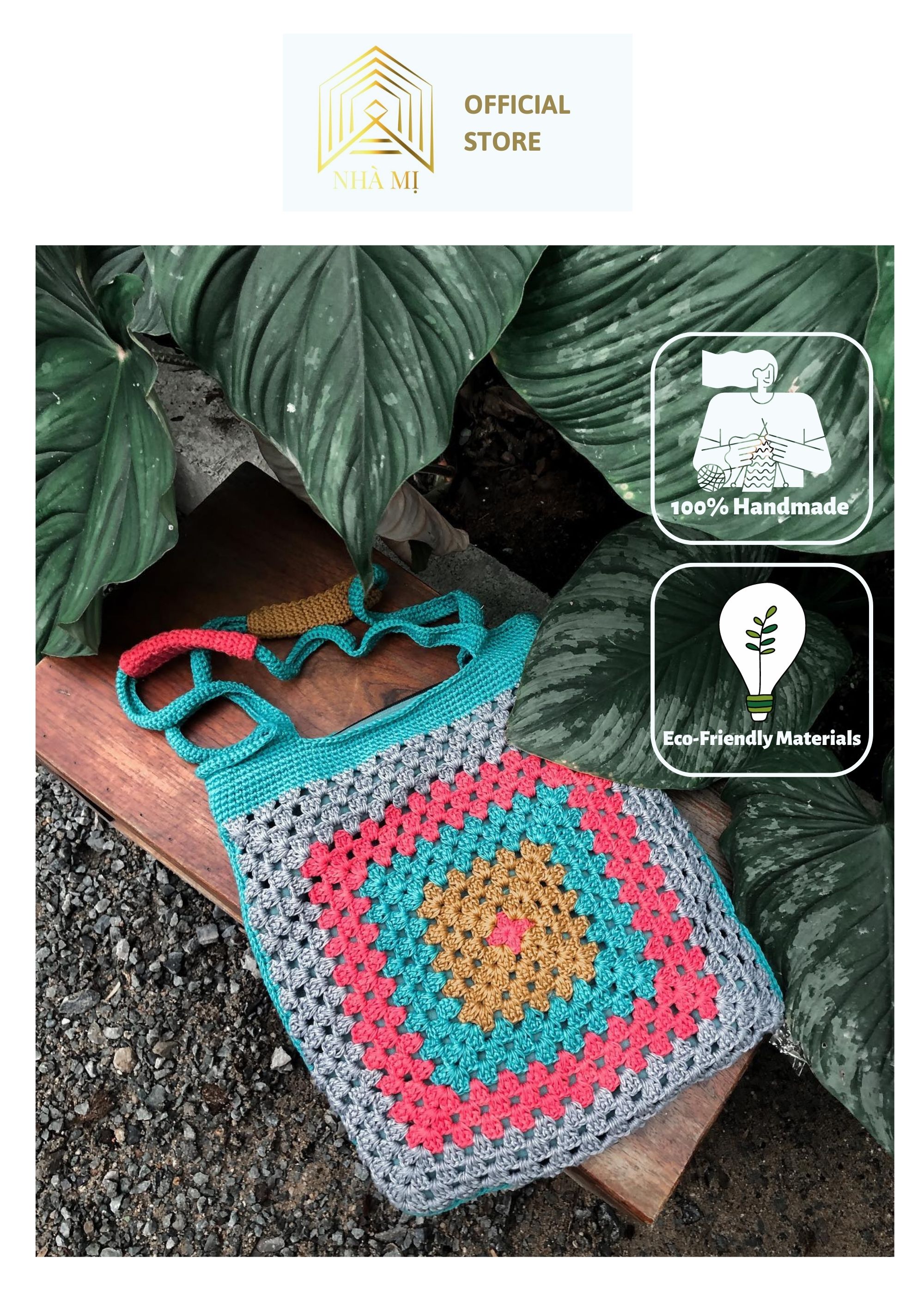 NHÀ MỊ - Túi handmade Len Đan Móc Thủ Công - Floral Gingham Crochet Bag