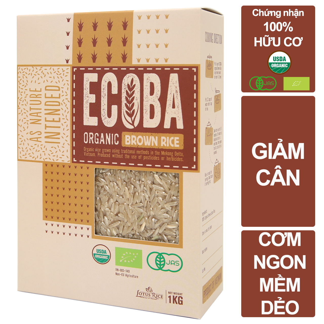 Gạo lứt nâu hữu cơ cao cấp/ECOBA Kim Mễ 1kg - Gạo lứt giảm cân - Cơm ngon mềm dẻo