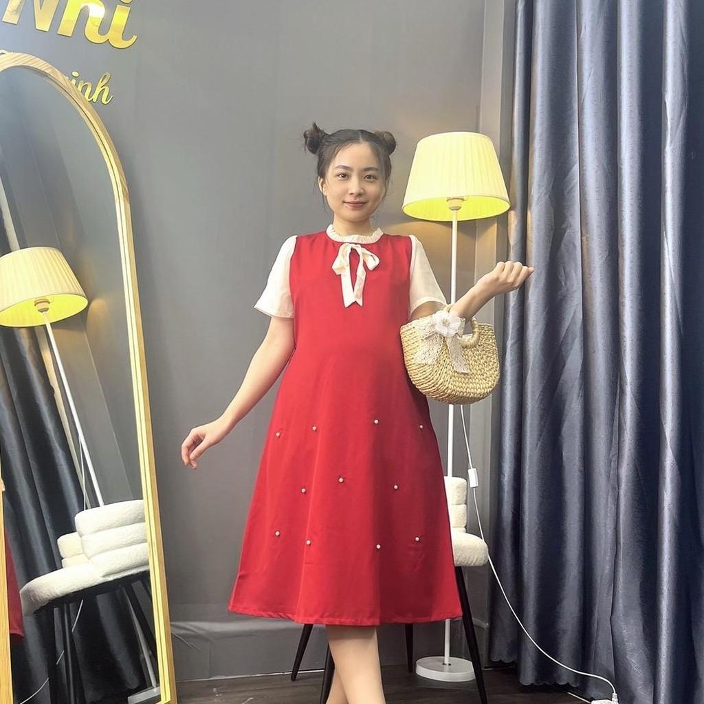 Đầm bầu cổ bèo thắt nơ đính hạt phom suông dễ thương gon dáng, mặc đi làm đi chơi - Đen