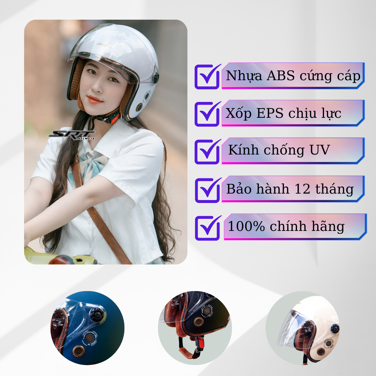 Mũ bảo hiểm ¾ đầu SRT Ruby có kính cao cấp