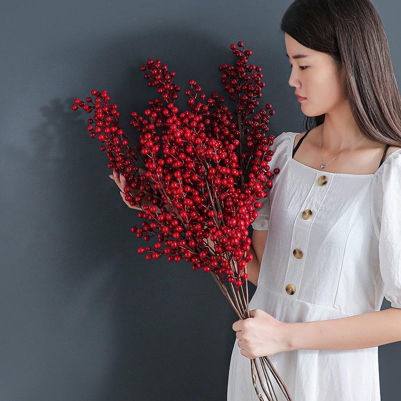 Cành Đào Đông Đỏ Tài Lộc Cao Cấp Dài 1M Trang Trí Nhà Cửa, Decor Nội Thất Tuyệt Đẹp