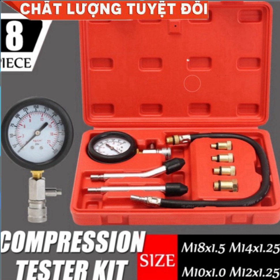 Bộ đo áp suất buồng đốt động cơ xăng ô tô, xe máy 8PC- 300 PSI, Đồng hồ đo áp suất buồng đốt ô tô, Đồng hồ áp suất