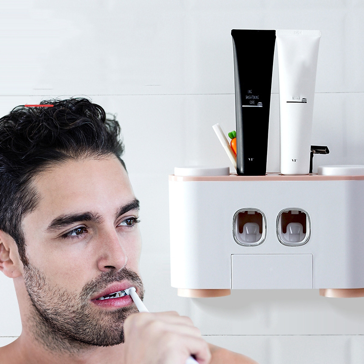 Kệ Nhả Kem Đánh Răng Tự Động Thông Minh Kết hợp rãnh để đồ & treo cốc - Tặng kèm 4 Cốc Hút Từ Tính - Kệ Nhà Tắm Dán Tường Tiện Ích - Giao màu Ngẫu Nhiên