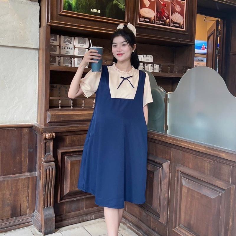 Đầm bầu yếm liền công sở cổ bèo dáng suông chất cotton lạnh mềm mát, bầu diện đi làm đi chơi đều xinh - Nâu