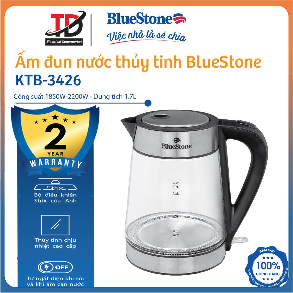 Ấm Đun Nước Thủy Tinh BlueStone KTB-3426 (1.7 Lít) - Hàng chính hãng