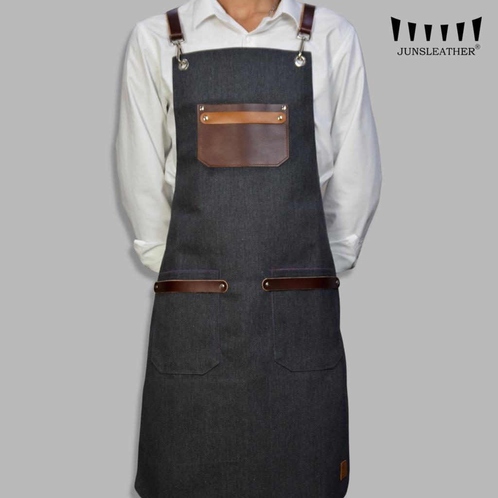 Tạp dề pha chế vải canvas dây da của Junsleather phối da bò cao cấp dành cho Barista/Bartender