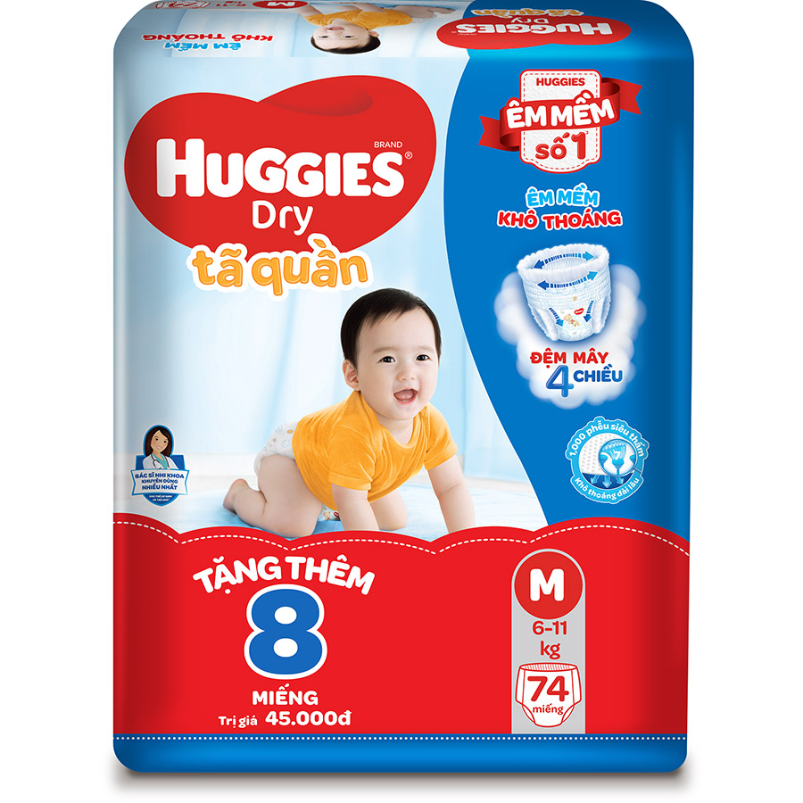 Tã Quần Huggies Dry Gói Cực Đại M74 (74 MIếng) - Tặng 8 miếng