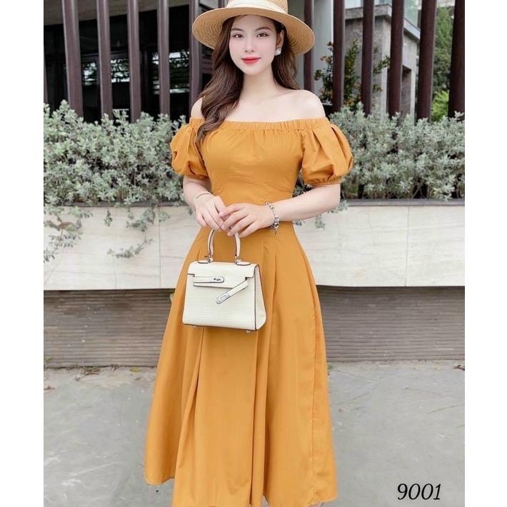 Đầm váy nữ dự tiệc đám cưới màu vàng trễ vai trẻ trung nhẹ nhàng