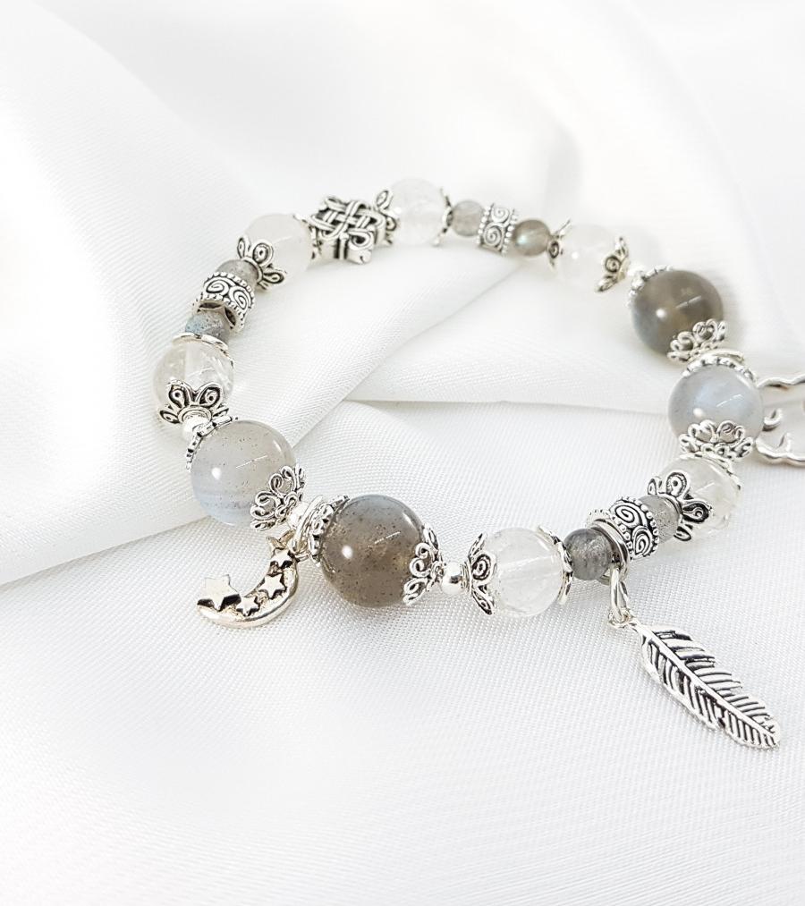Vòng tay mệnh kim, thủy đá ưu linh trắng mix đá moonstone+ charm trắng, mây, lá
