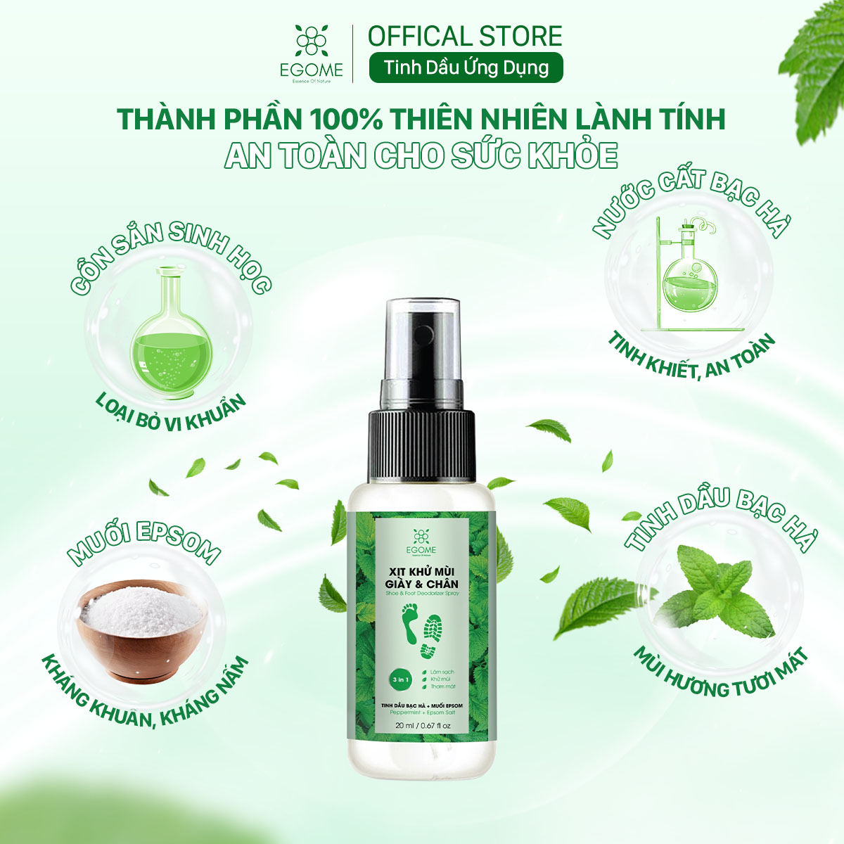 Xịt Khử Mùi Giày Và Chân Egome Tinh Dầu Bạc Hà làm sạch và thơm mát 20ml