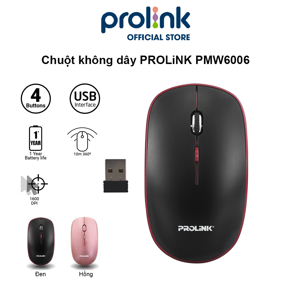 Chuột không dây PROLiNK PMW6006 giá rẻ, độ nhạy cao dành cho PC, Macbook, Laptop - Hàng chính hãng