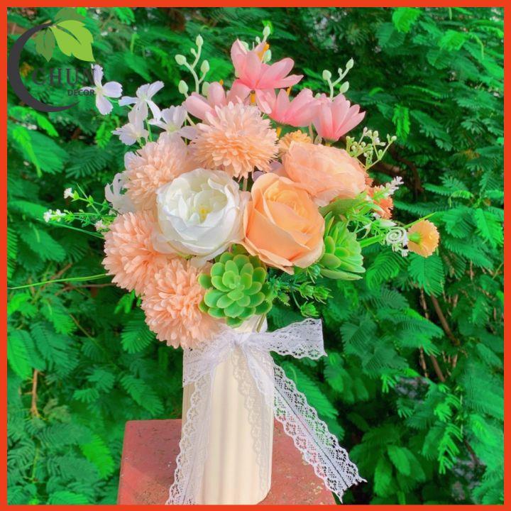 Bình Hoa Lụa Cao 35cm Màu Tươi Sáng Để Bàn, Kệ Tủ, Trang Trí Nhà, Văn Phòng, Cửa Hàng