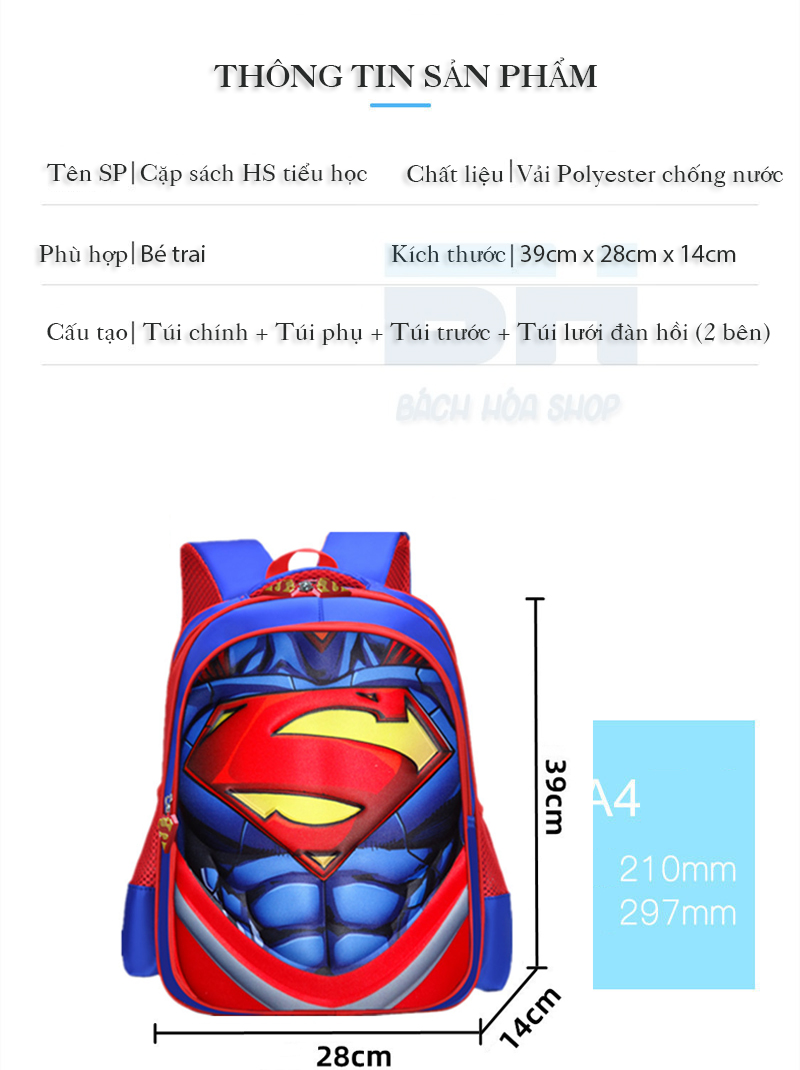 Balo siêu nhân chống thấm nước cho bé trai, học sinh tiểu học, hoạt hình 3D nổi ngộ nghĩnh, dễ thương CH120 - BH Kids