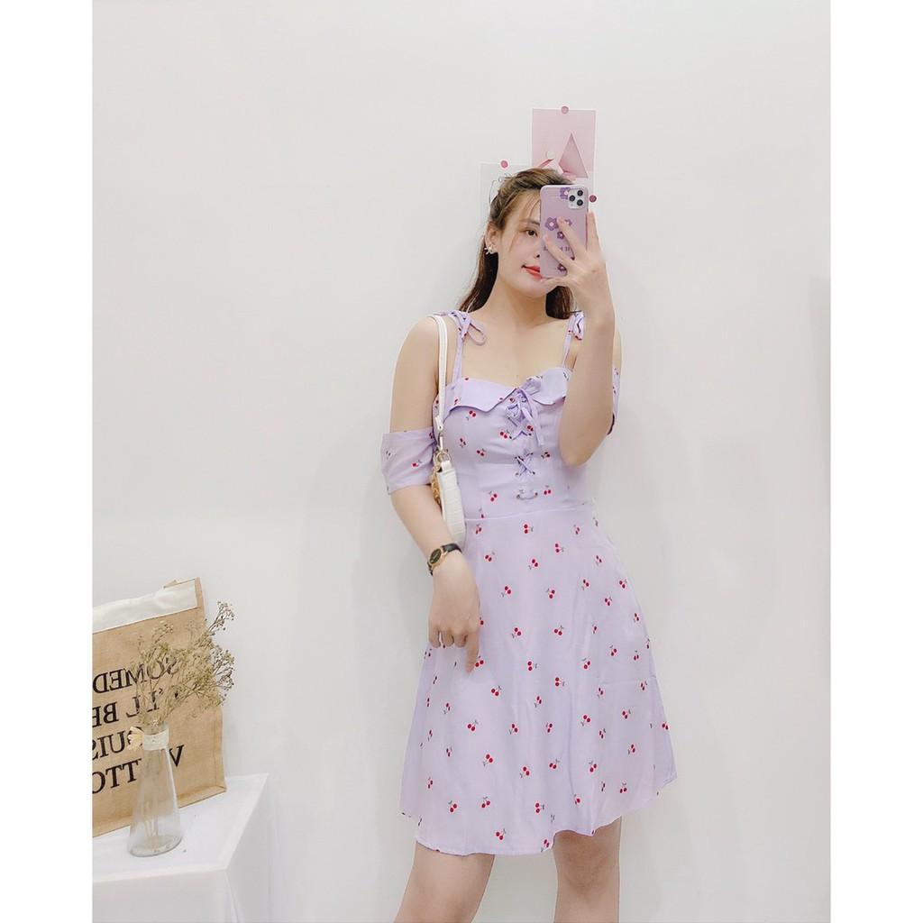 ĐẦM HOA LỤA TRỄ VAI TÍM CHERY MẮC CÁO DÁNG XÒE CÓ BO CHUN EO-hình thật shop chụp