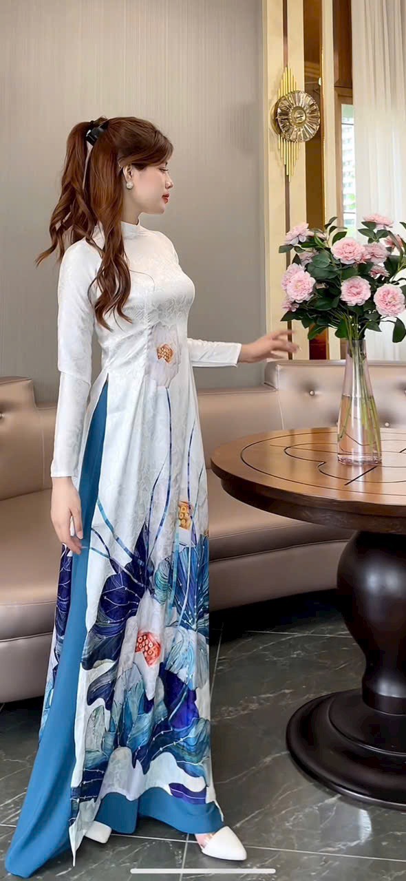 SÉT ÁO DÀI VẢI GẤM IN HOA SEN KÈM QUẦN