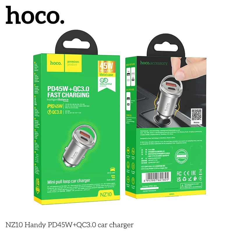 Tẩu sạc 45W 2 cổng (Type C + USB) sạc nhanh cho điện thoại Samsung/ iP/ Xiaomi Hoco NZ10 _ Hàng chính hãng