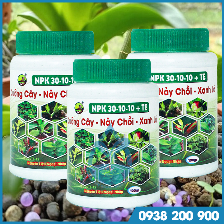 Phân bón lá NPK giúp dưỡng cây nảy chồi, xanh lá - 30-10-10 +TE -chai 100gr