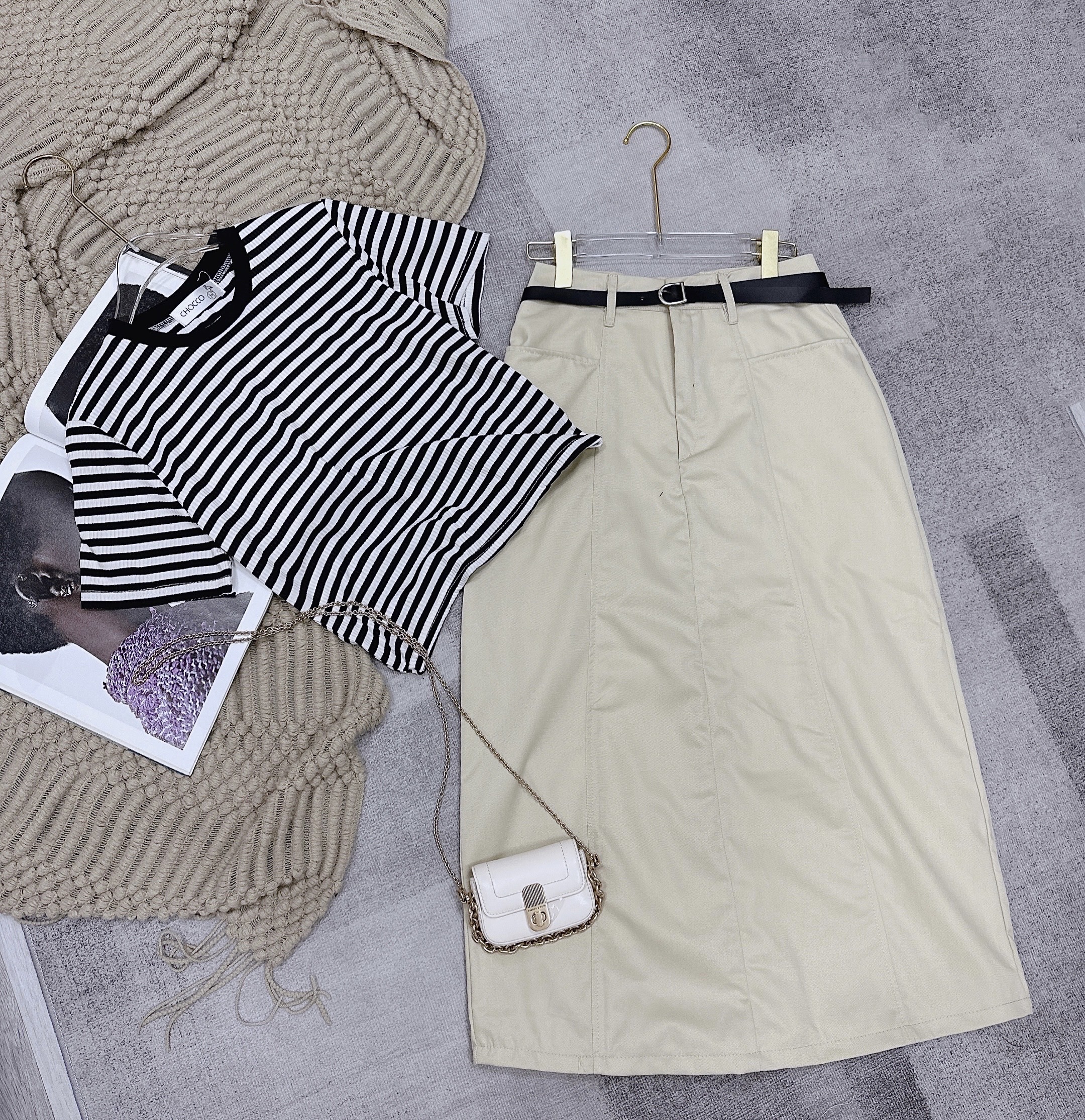 SET CHÂN VÁY MIDI DÀI SUÔNG TRƠN LƯNG CAO + ÁO THUN CROPTOP KẺ SỌC DẠO PHỐ ĐI LÀM ĐI HỌC ĐI BIỂN ĐI CHƠI