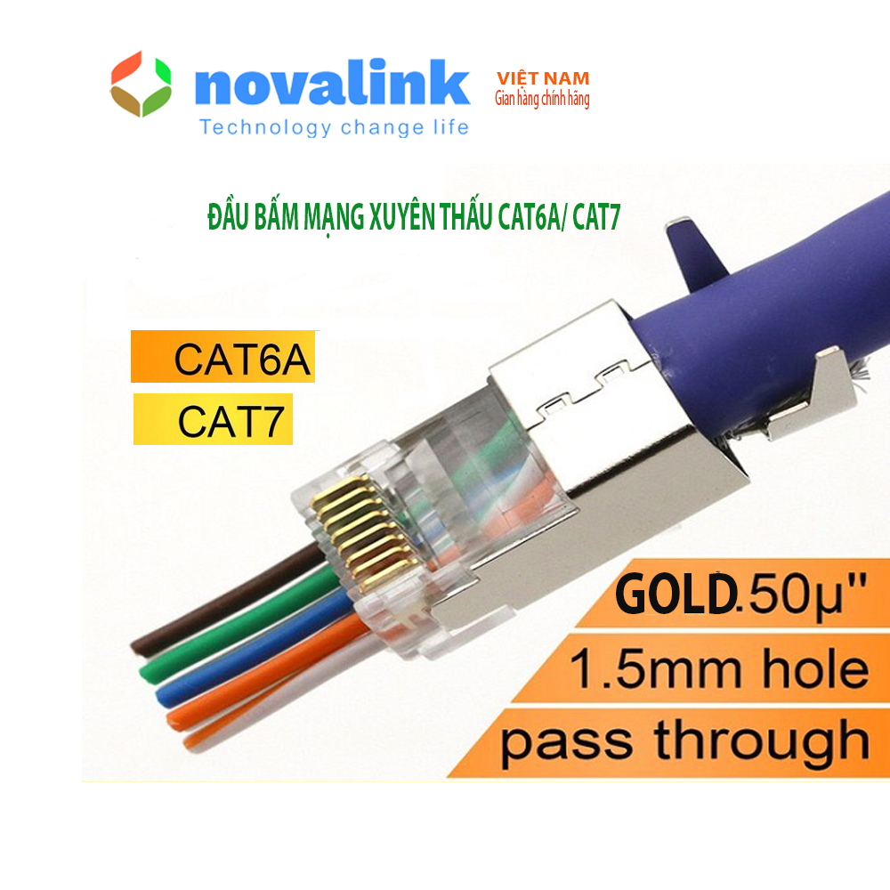 Hạt mạng xuyên thấu cat6A/ Cat7 made in Taiwan - Hàng nhập khẩu chính hãng. Tặng kèm đầu chụp