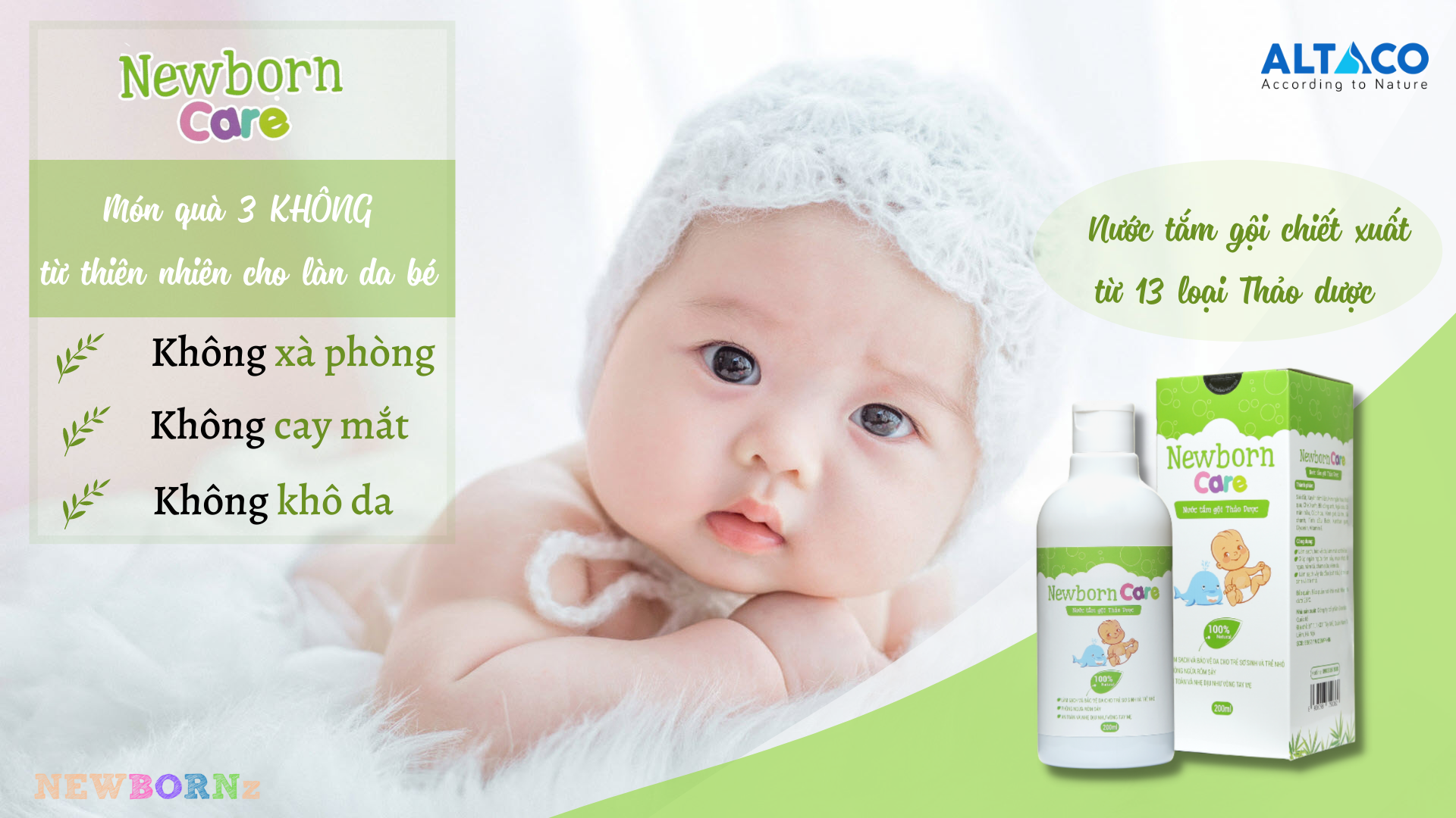 Newborn Care Nước Tắm Thảo Dược Làm sạch, bảo vệ da, Giúp ngăn ngừa rôm sảy,viêm da,hăm tã ở bé