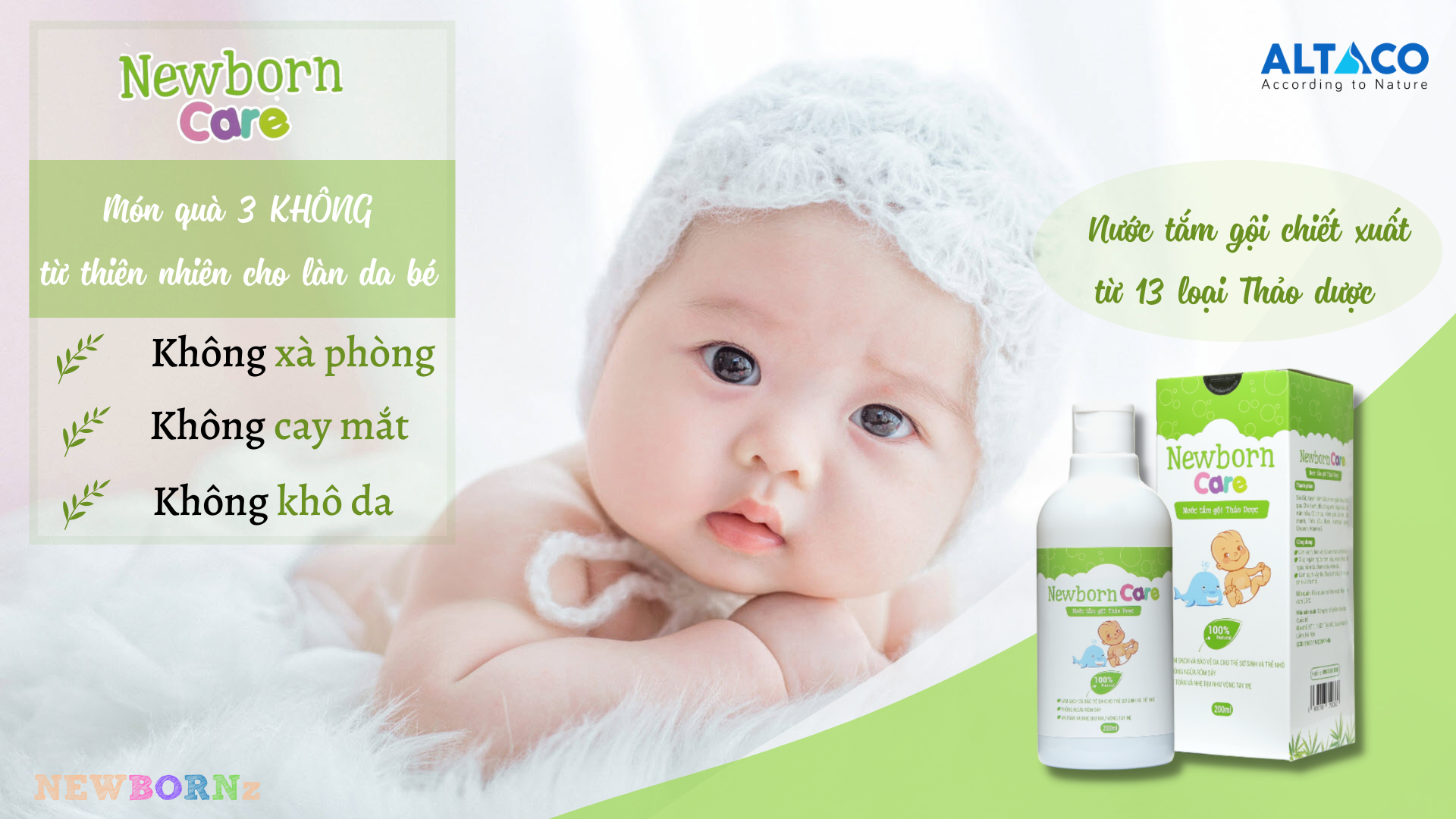 Newborn Care Nước Tắm Thảo Dược Làm sạch, bảo vệ da, Giúp ngăn ngừa rôm sảy,viêm da,hăm tã ở bé (220ml)