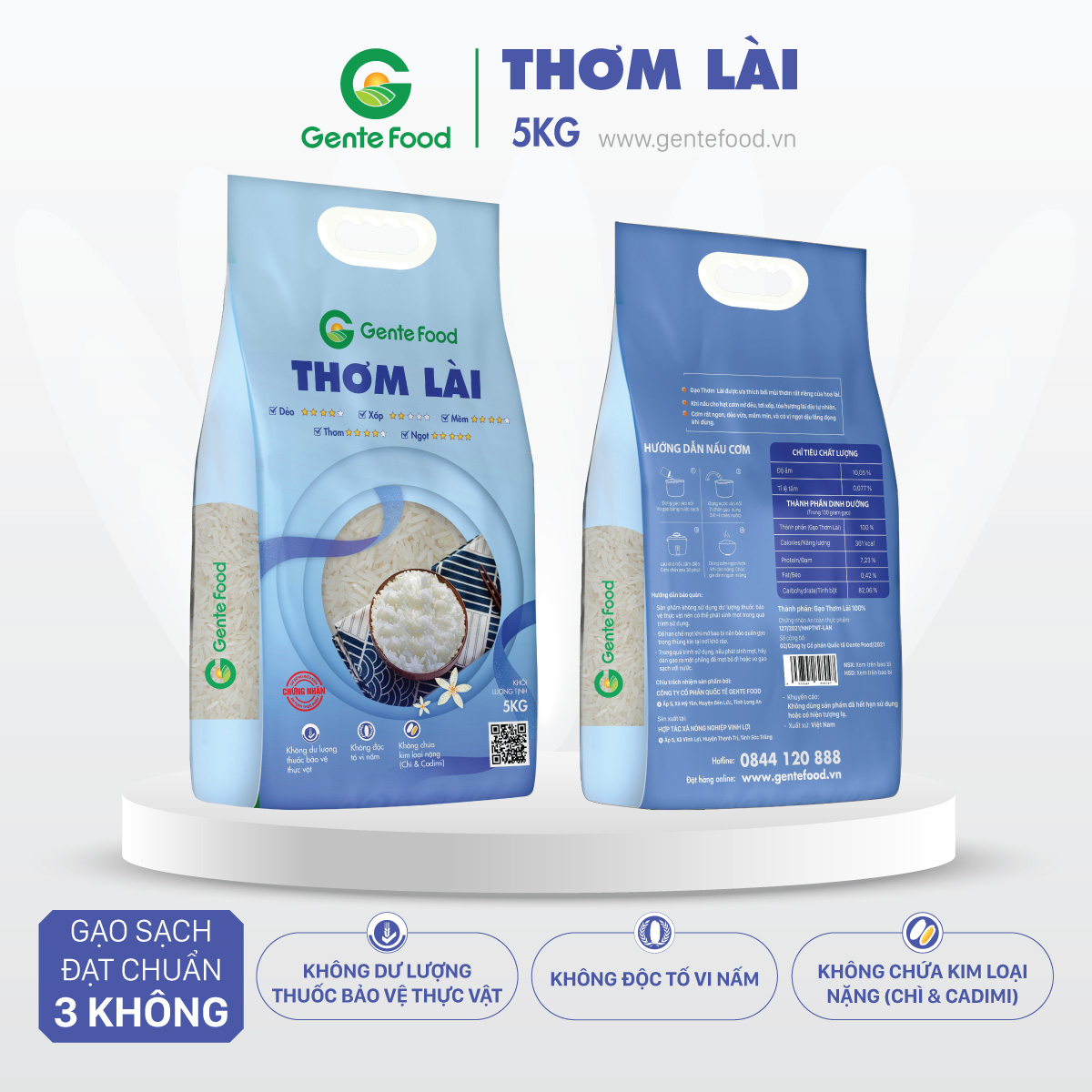 Gạo Thơm Lài Gente Food Hảo Hạng túi 5kg đặc biệt cơm thơm, mềm, dẻo cho đến khi nguội.