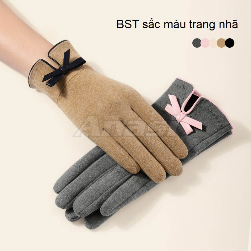 Găng tay chống nắng/ mùa đông cho nữ Anasi OLV14 đính nơ da - Vải dày dặn, tích hợp cảm ứng
