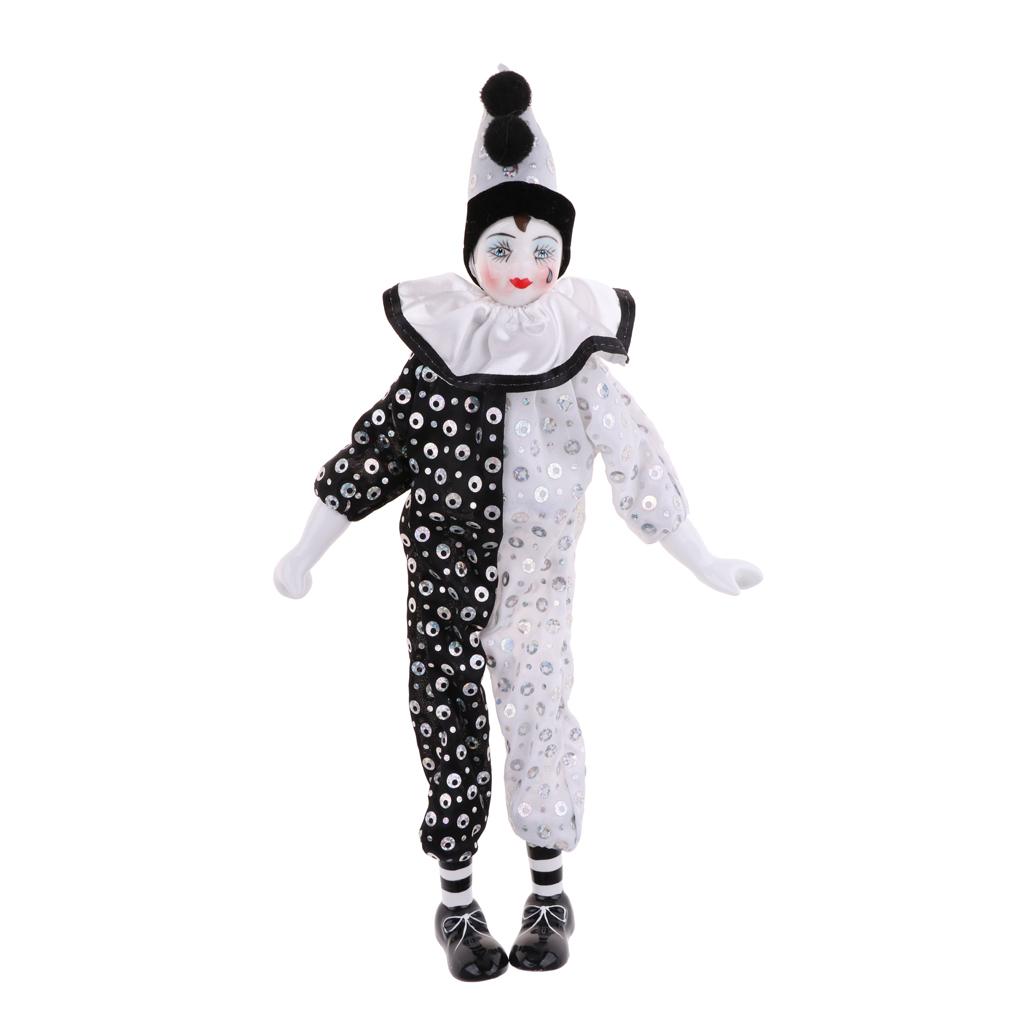 38cm Vintage Porcelain Clown Doll, Hand Painted Harlequin Doll Home Office Display Decoration