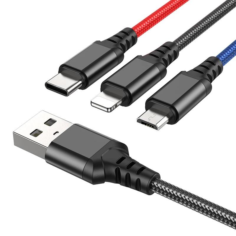 Cáp sạc nhanh 3 đầu Hoco X76 2A, dây sạc bọc dù đa năng, phù hợp với mọi loại dt hàng chính hãng