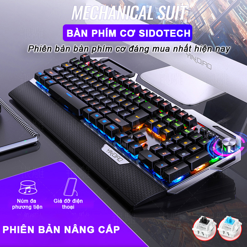 Bàn phím cơ gaming RGB SIDOTECH K100 Version 2 dòng bàn phím máy tính chơi game trục cơ học 104 phím có kê tay chống mỏi chế độ LED RGB cảm giác gõ phím thật tay tiếng gõ êm, không phải bàn phím giả cơ, nâng cấp núm xoay đa phương tiện - Hàng Chính Hãng