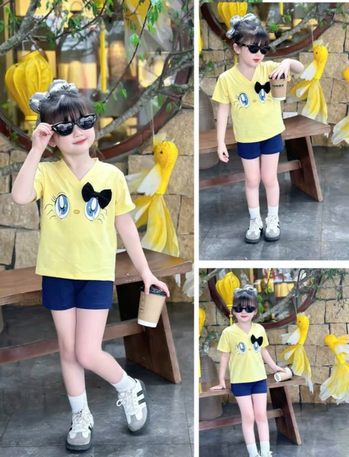 ĐỒ BỘ ÁO THUN CÓ NƠ QUẦN SHORT THOẢI MÁI MÁT MẺ CHO BÉ GÁI MÙA HÈ