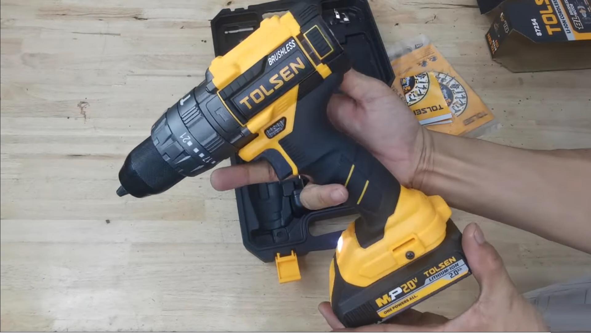 MÁY KHOAN PIN 20V 13MM CÓ BÚA ĐỘNG CƠ KHÔNG CHỔI THAN TOLSEN 87254 - HÀNG CHÍNH HÃNG