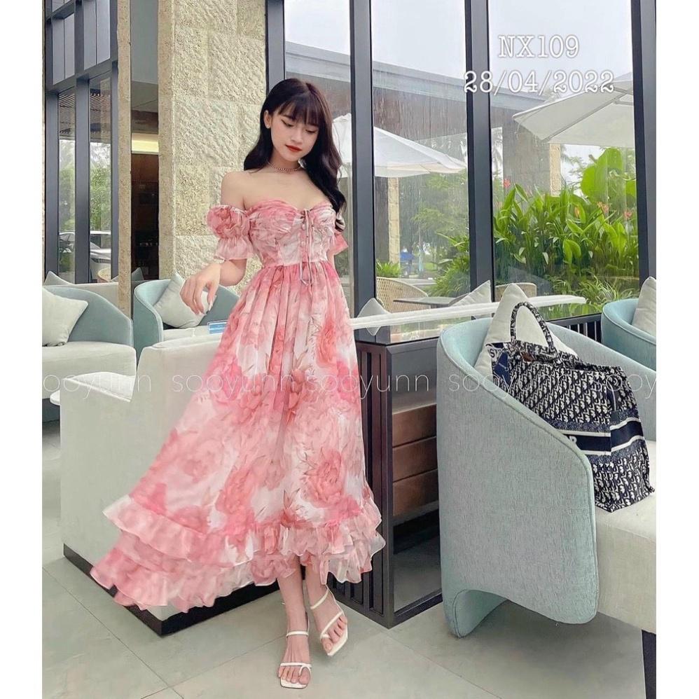 Đầm váy maxi voan lót lụa hoa hồng trễ vai xoè dài Ivy.fashion đi biển dự tiệc dạo phố bigsize gợi cảm sexy