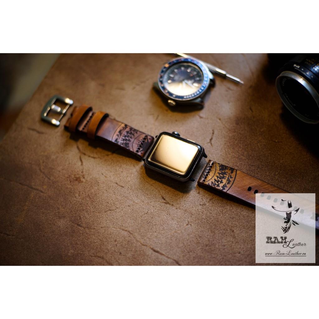 DÂY ĐỒNG HỒ RAM SIMPLE TRỐNG ĐỒNG DA BÒ THẬT VEGTANLIGHT SỌC CHÉO-ĐỦ SIZE 18MM , 20MM , 22MM ,APPLE WATCH