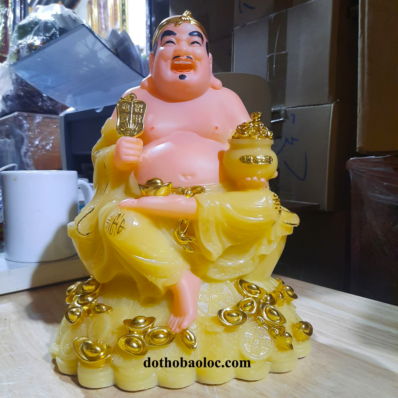Cặp tượng thần tài ông địa đá cao cấp nhập khẩu Đài Loan màu vàng cao 25cm