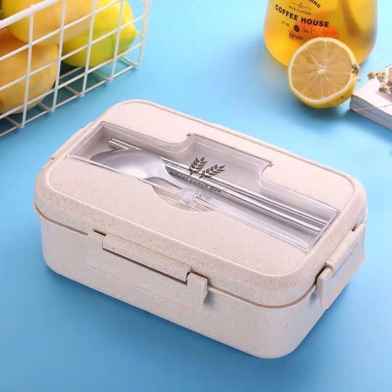 Hộp Đựng Cơm Lúa Mạch 3 Ngăn Kèm Thìa Đũa Inox Tiện Dụng