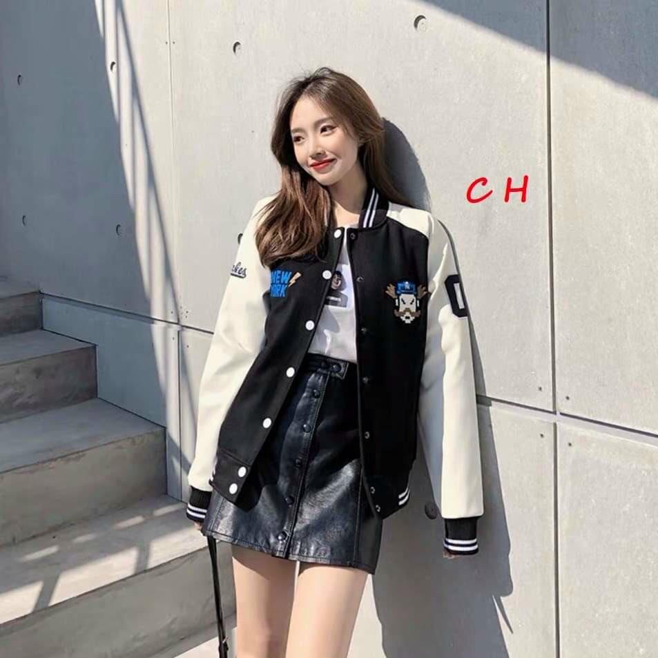 Áo khoác bomber nữ cổ tàu chất nỉ bông phối màu đẹp