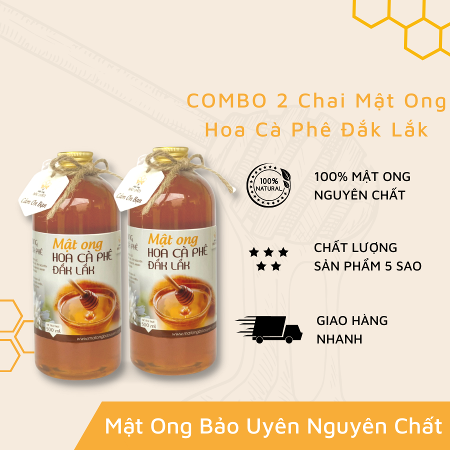 Combo 2 Chai Mật Ong Hoa Cà Phê Nguyên Chất Bảo Uyên 100% Tăng Cường Sức Đề Kháng Dung Tích 500ml