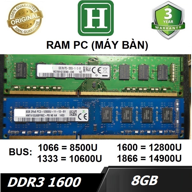 Ram PC 8GB DDR3 bus 1600 (12800U) ram dùng cho máy tính bàn, desktop