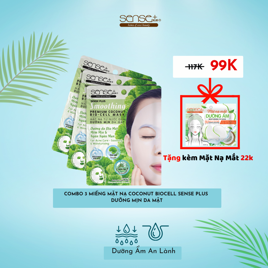 COMBO 3 MIẾNG MẶT NẠ SINH HỌC COCONUT BIO-CELL DƯỠNG MỊN SENSE PLUS + TẶNG MẶT NẠ MẮT