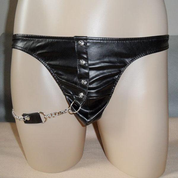 Mens PU leather G-string Underwear Chain Low Rise Briefs Thong Clubwear