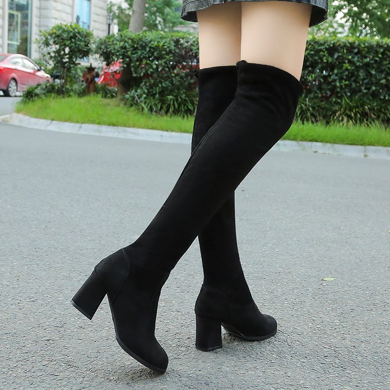 Giày boots nữ ống cao, Giày bốt đế vuông 7 phân trên gối rút dây S048