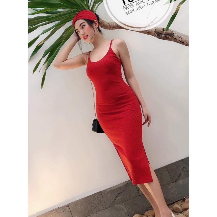 Đầm body 2 dây thun gân xẻ tà siêu quyến rũ cho phái đẹp