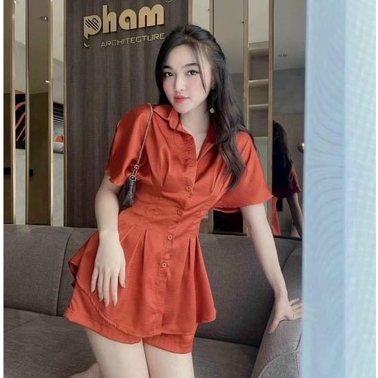 Sét bộ đùi áo cổ sơ mi cài nút ôm eo tay ngắn phối quần đùi phù hợp phong cách mùa hè chất liệu tuyết nhung 4 màu