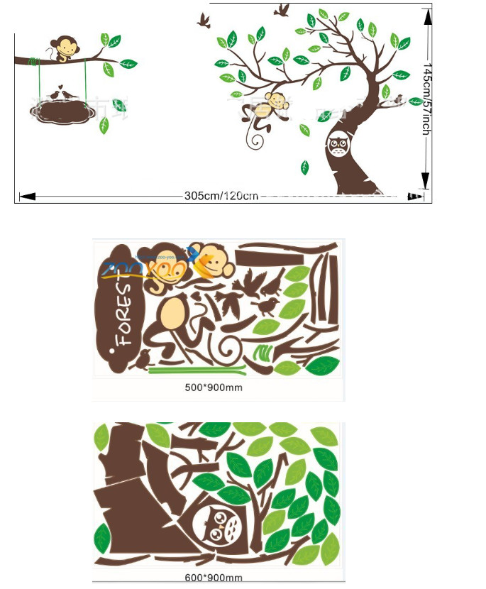 Decal trang trí tường - Thân cây cong lá mỏng cùng Khỉ 02 size lớn