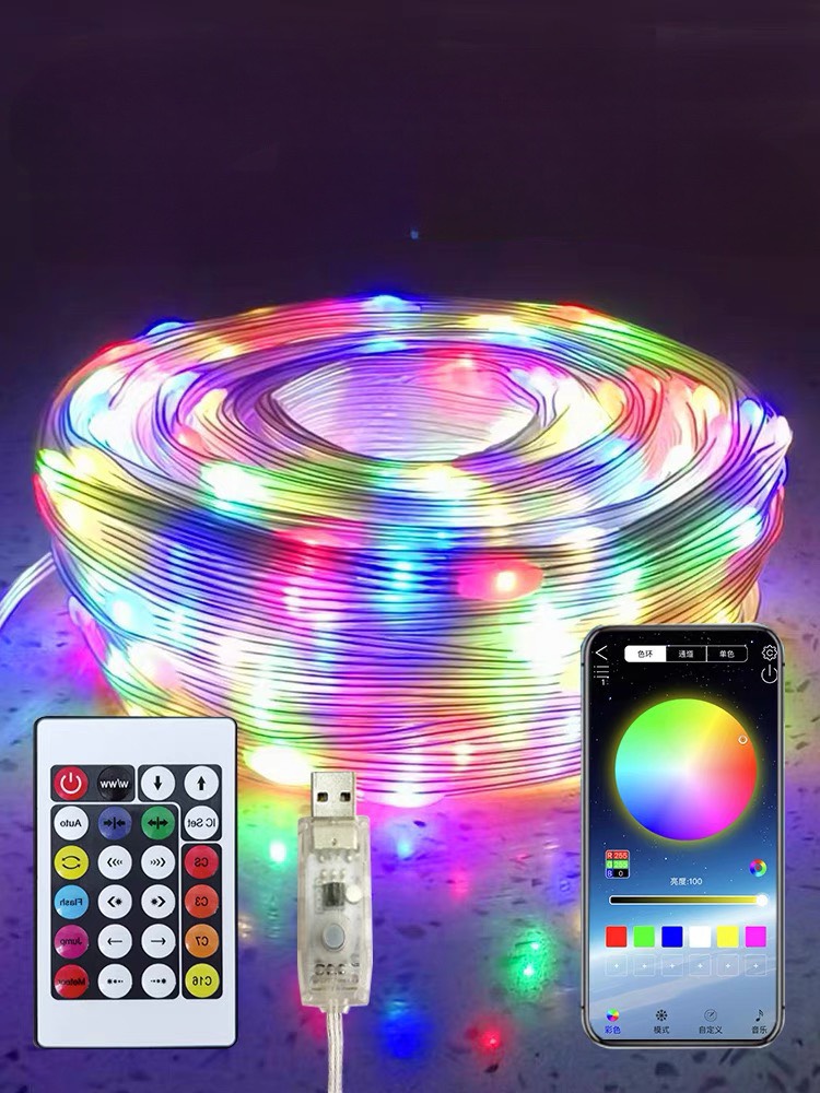 Dây Led nháy đuổi chịu nước dài 10m, hơn 200 kiểu nháy. Điều khiển bằng app điện thoại kèm remote sử dụng đầu usb
