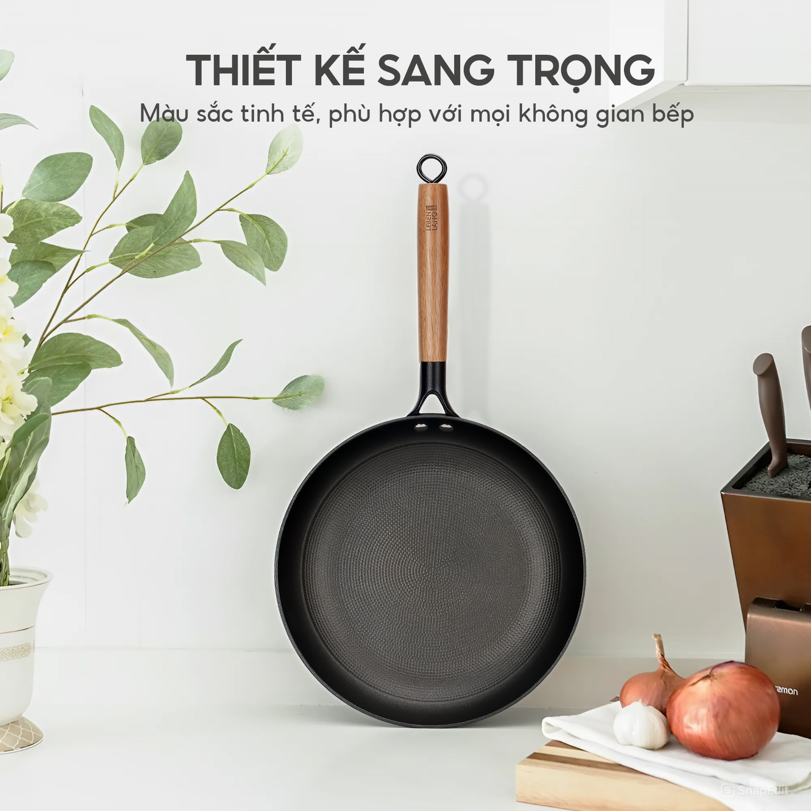 Chảo gang chống dính Lebenlang LBL2521 và LBL2522, size 24, 28, tay cầm gỗ dùng mọi loại bếp - hàng chính hãng