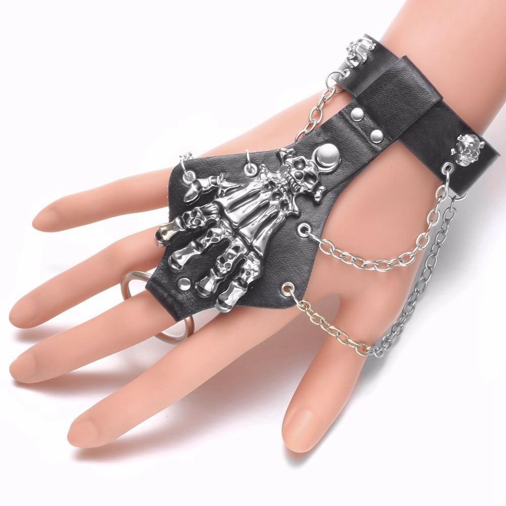Punk Rock PU Leather Bracelets Skull Skeleton Biker Bracelets Unisex Gothic